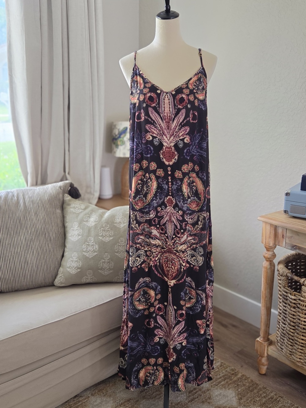 NATURAL LIFE Black Maxi Skirt with Pink, Purple and Tan Paisley Print